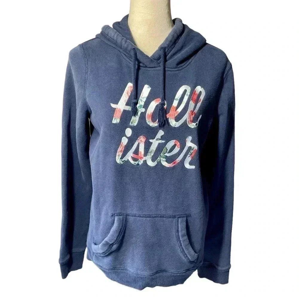 Hollister Womens Y2K Hoodie Blue Pullover‎ Cotton Blend Sweater Size M